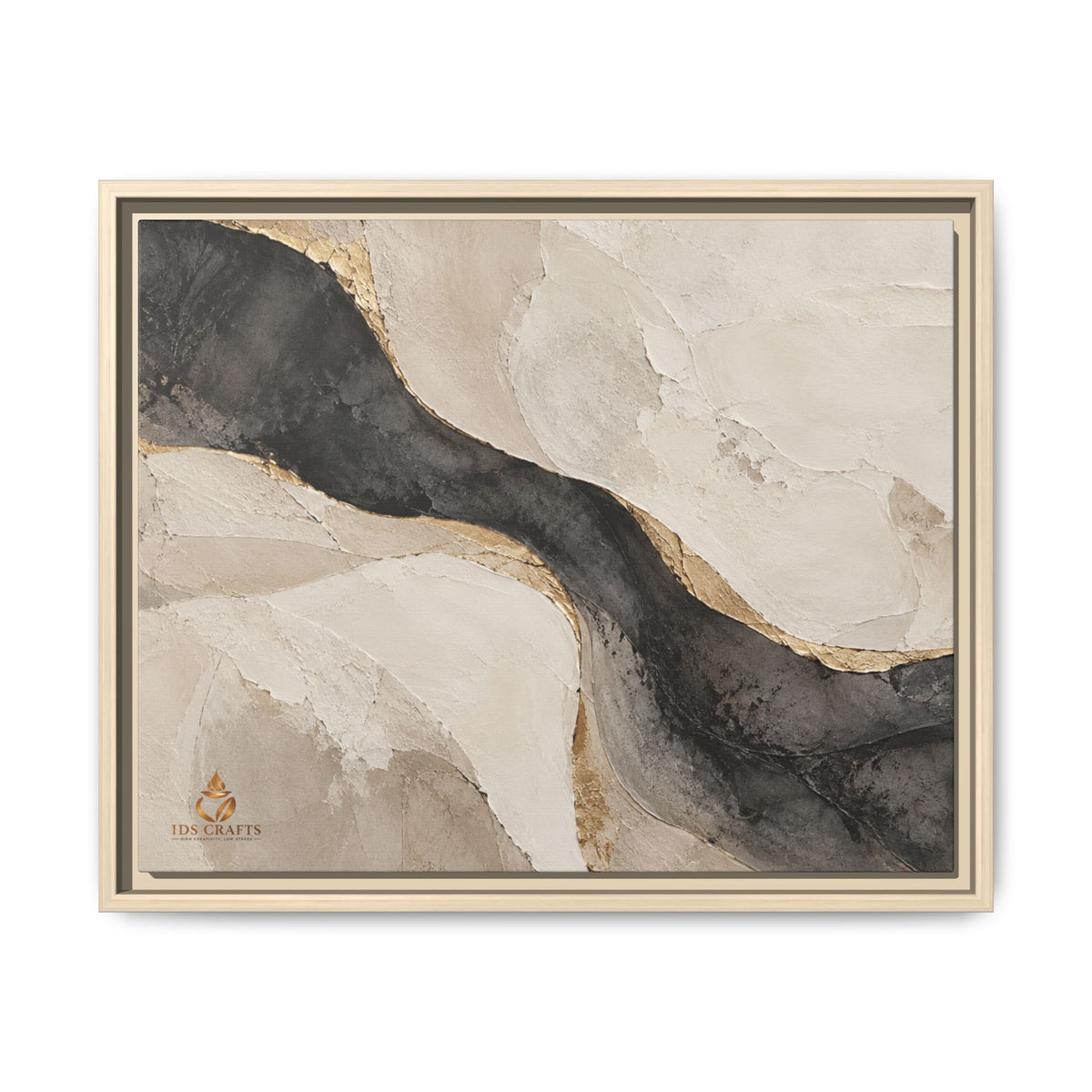Framed Canvas Wall Art – Neutral Black, Beige & Gold Abstract