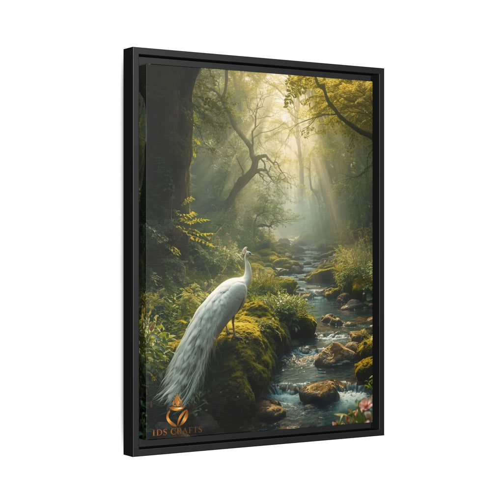 Framed Canvas Wall Art – White Heron in Enchanted Forest Stream