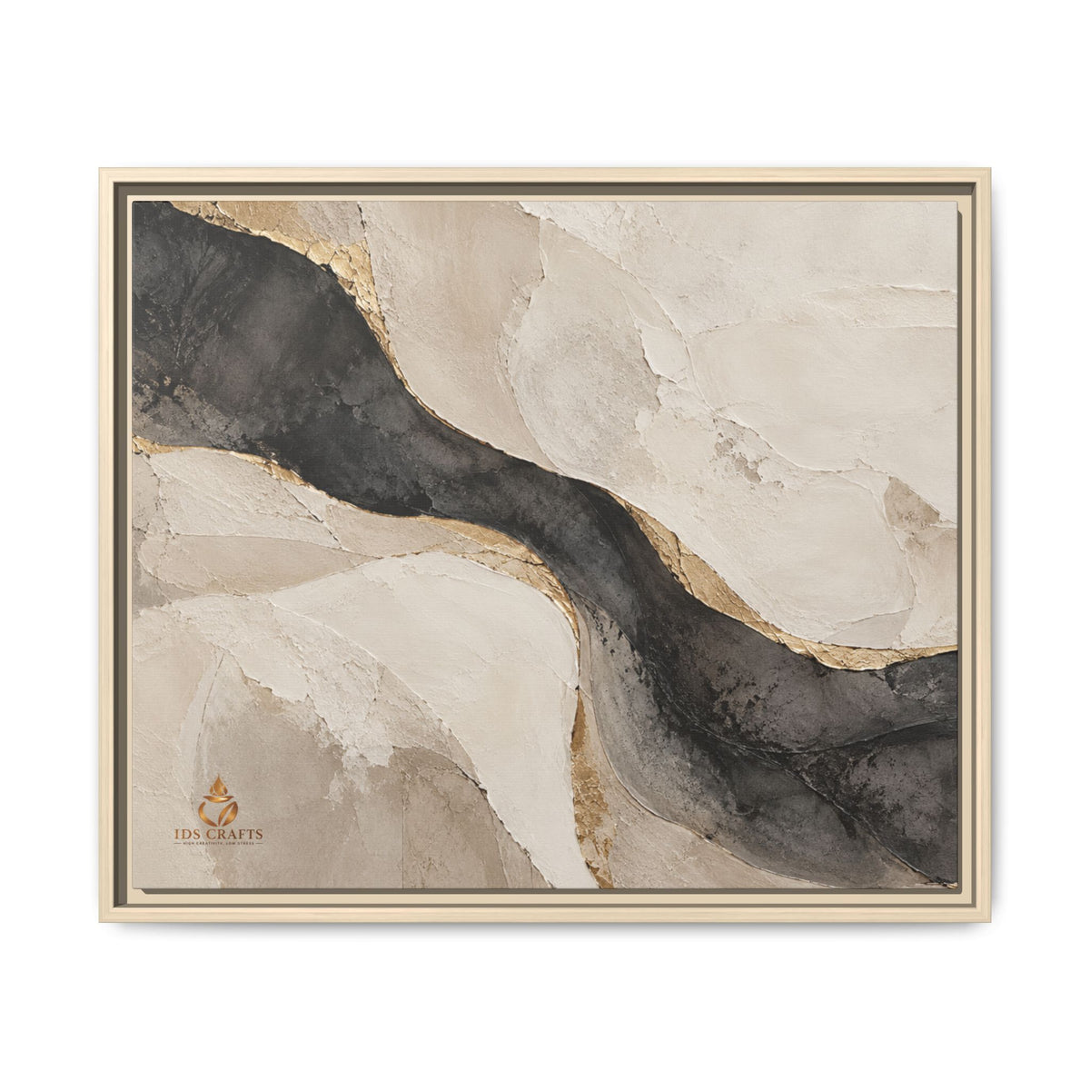 Framed Canvas Wall Art – Neutral Black, Beige & Gold Abstract