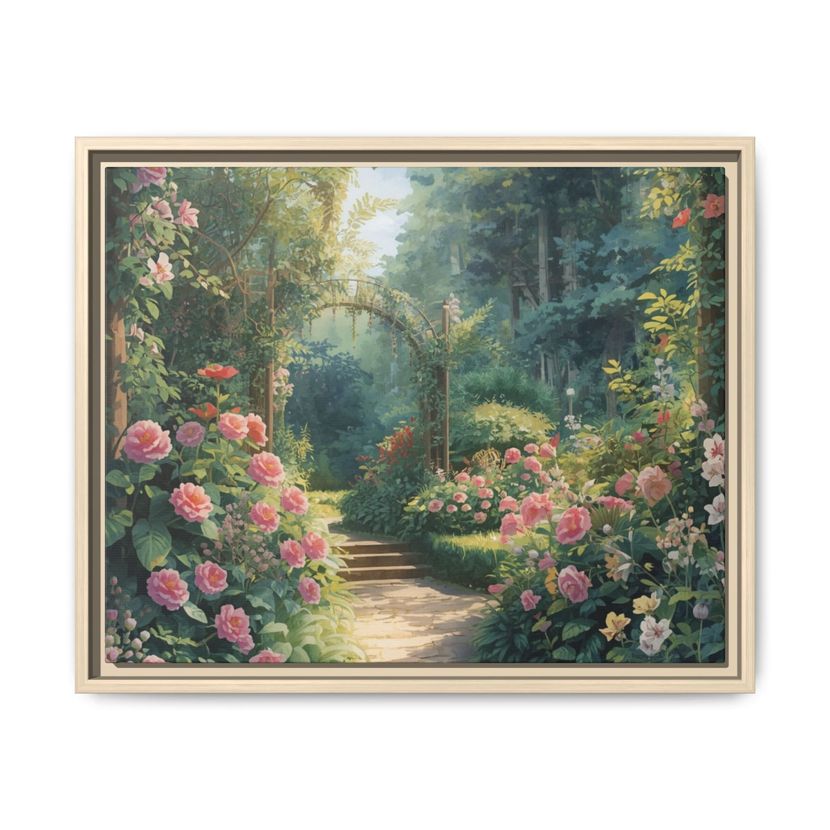 Framed Canvas Wall Art – Enchanting Cottage Garden Path with Pink Roses