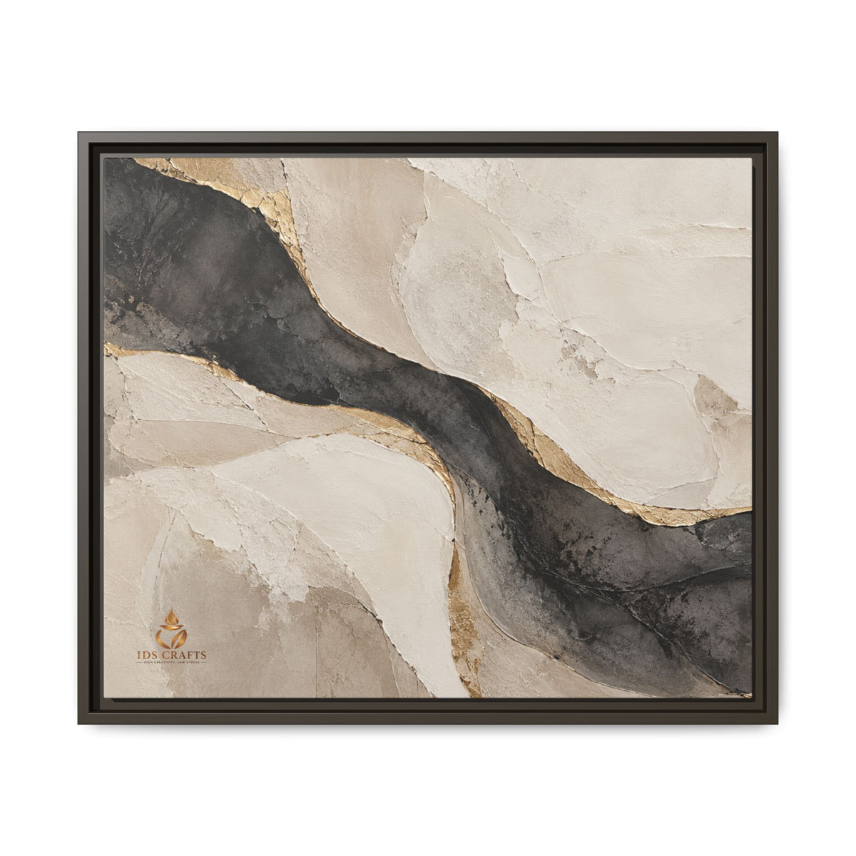 Framed Canvas Wall Art – Neutral Black, Beige & Gold Abstract