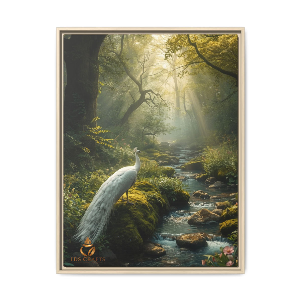 Framed Canvas Wall Art – White Heron in Enchanted Forest Stream