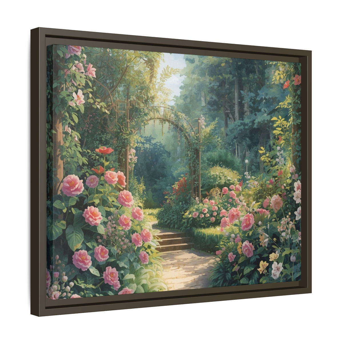 Framed Canvas Wall Art – Enchanting Cottage Garden Path with Pink Roses