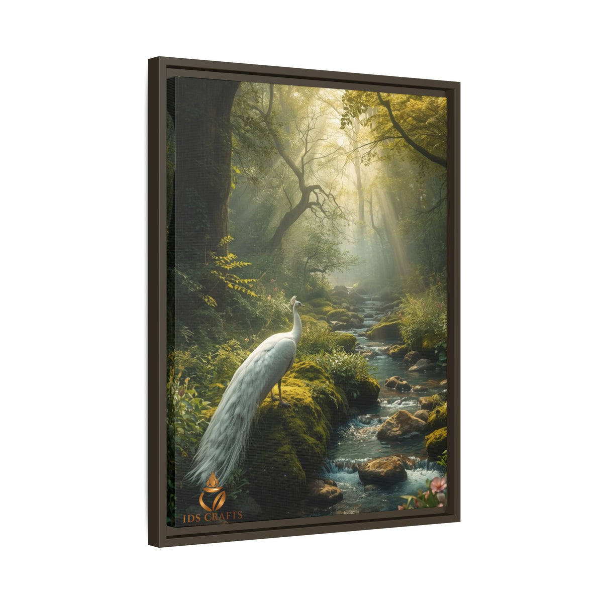 Framed Canvas Wall Art – White Heron in Enchanted Forest Stream