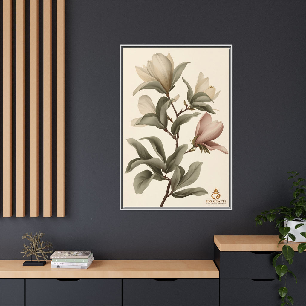 Framed Canvas Wall Art – Elegant Neutral Magnolia Botanical Print
