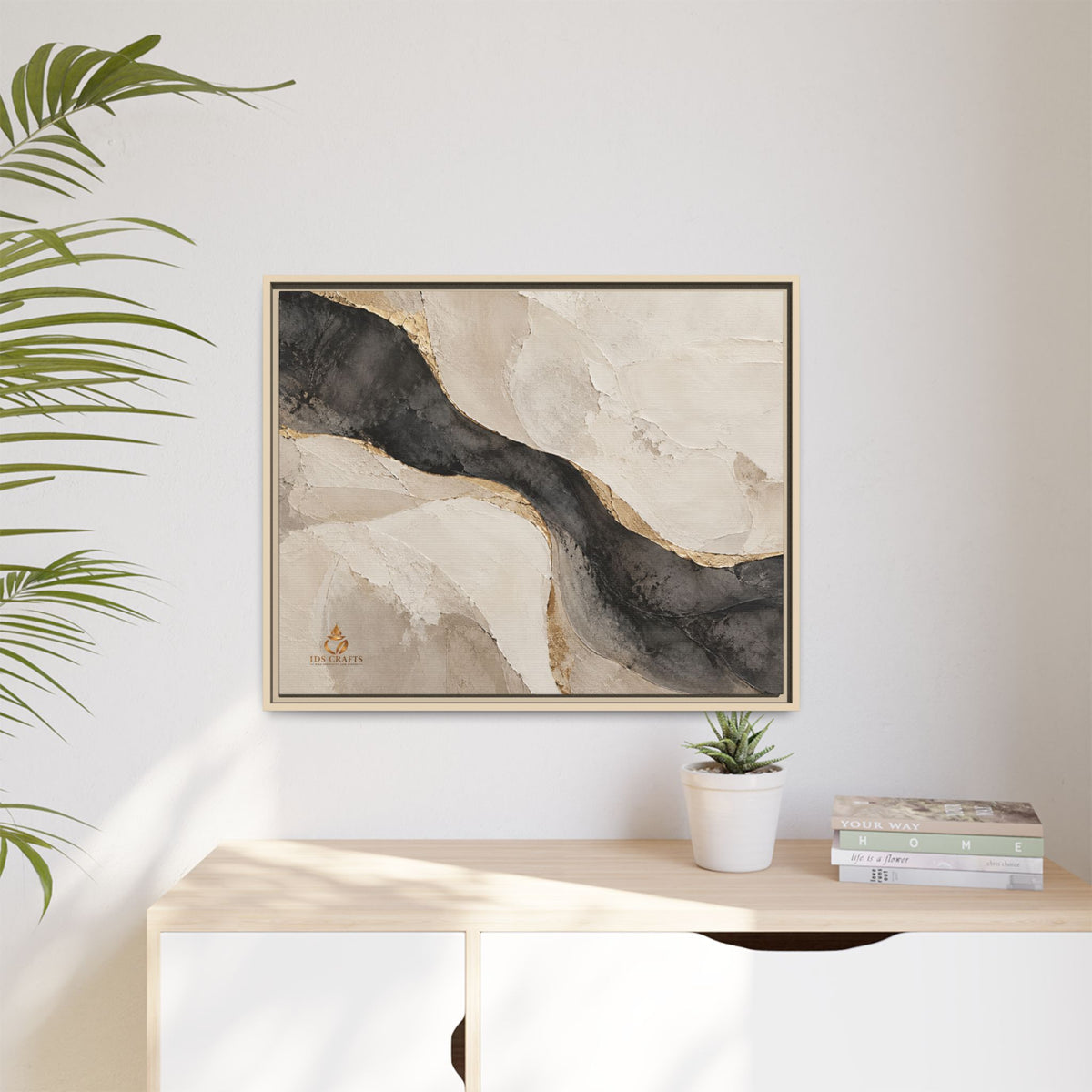 Framed Canvas Wall Art – Neutral Black, Beige & Gold Abstract