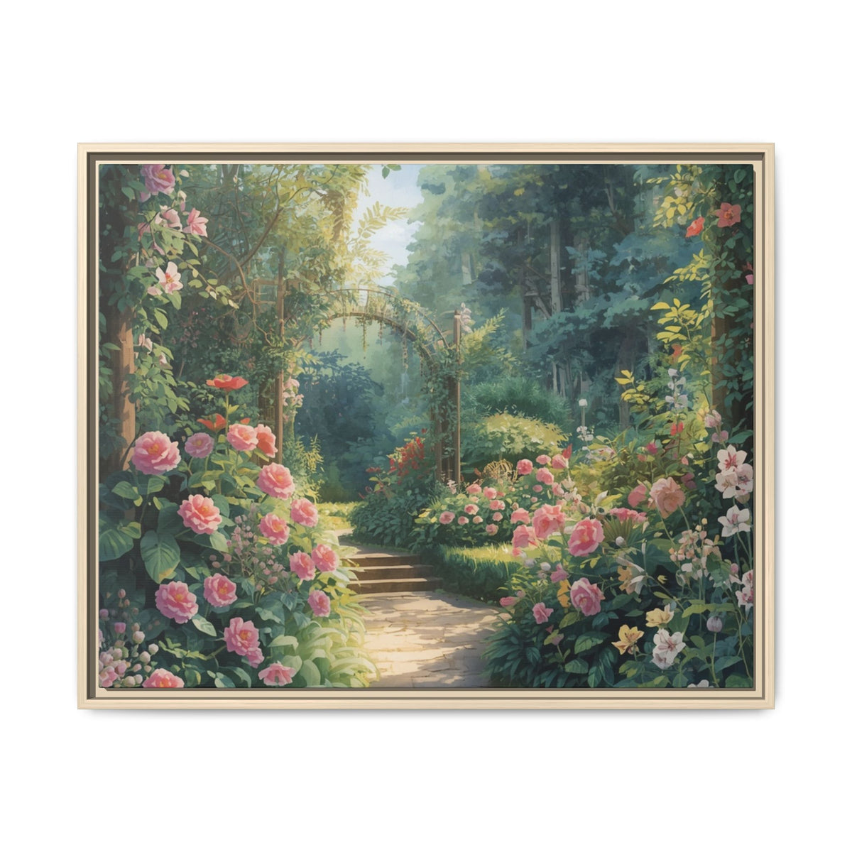 Framed Canvas Wall Art – Enchanting Cottage Garden Path with Pink Roses