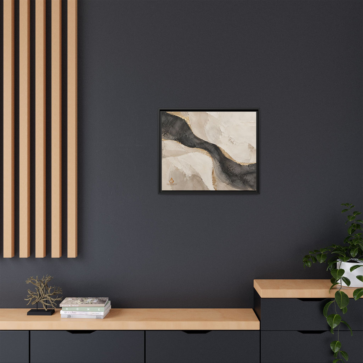 Framed Canvas Wall Art – Neutral Black, Beige & Gold Abstract