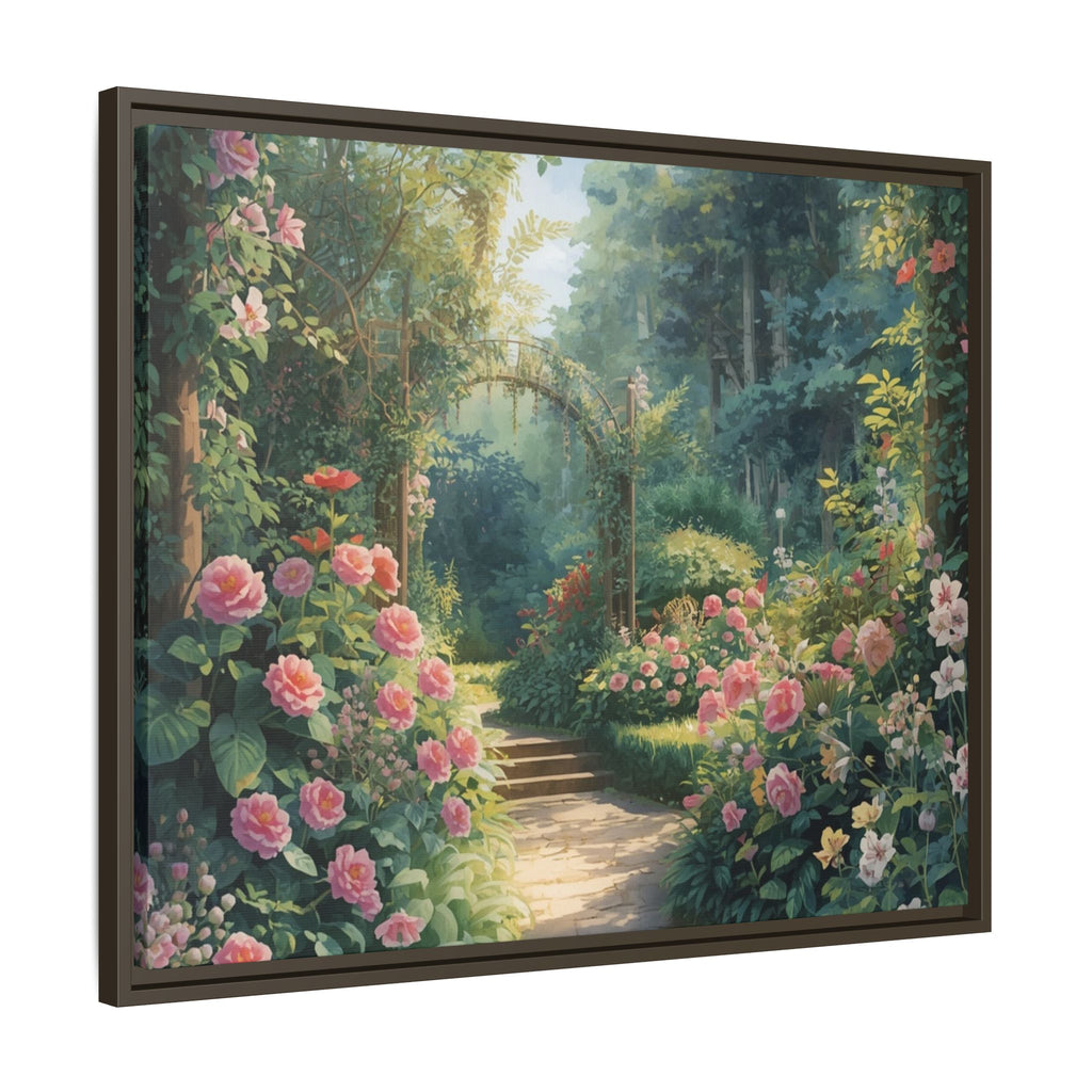 Framed Canvas Wall Art – Enchanting Cottage Garden Path with Pink Roses
