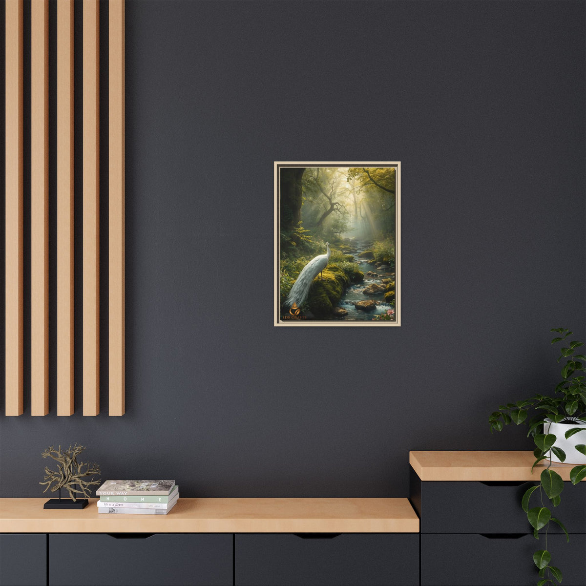 Framed Canvas Wall Art – White Heron in Enchanted Forest Stream