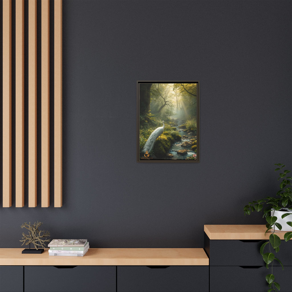 Framed Canvas Wall Art – White Heron in Enchanted Forest Stream