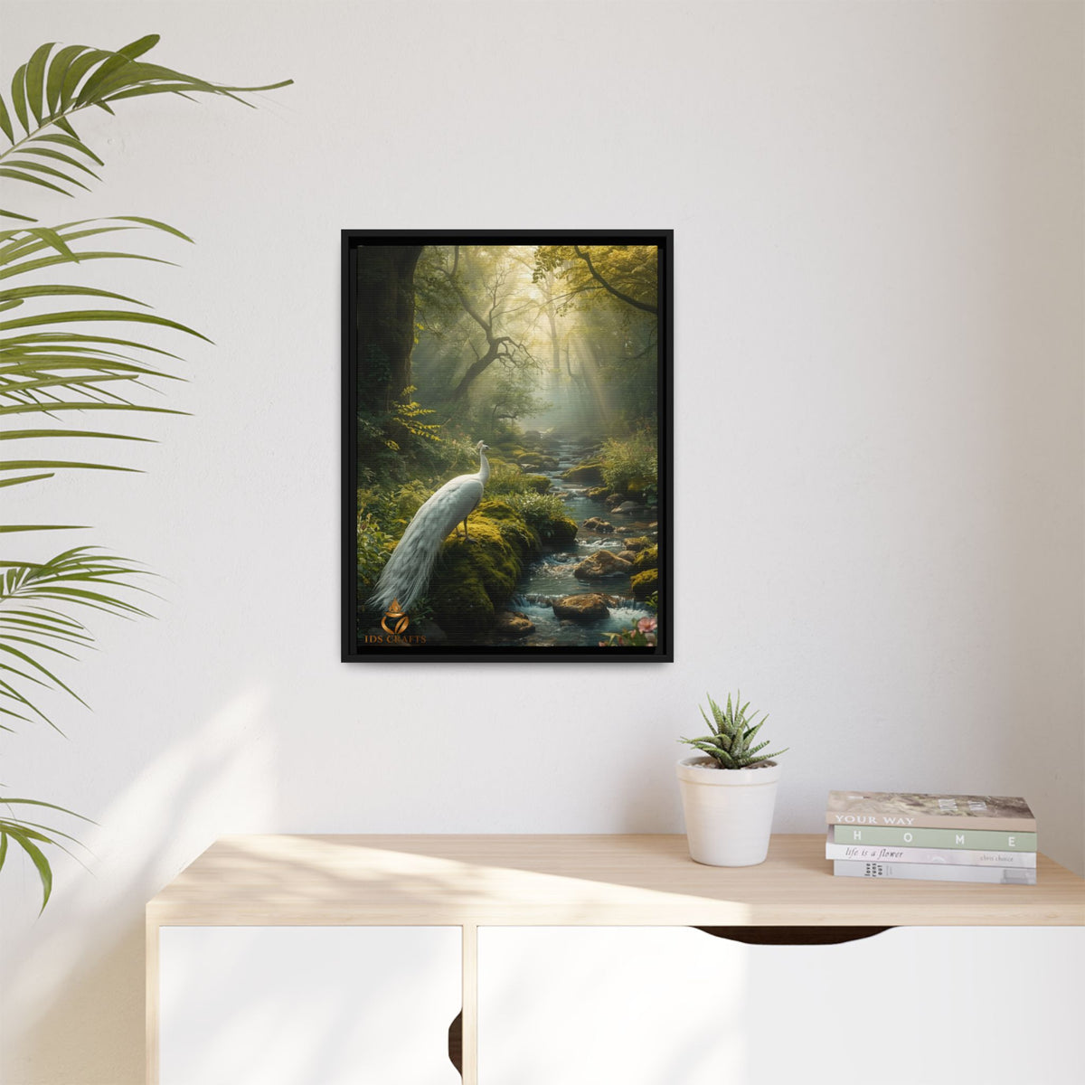 Framed Canvas Wall Art – White Heron in Enchanted Forest Stream