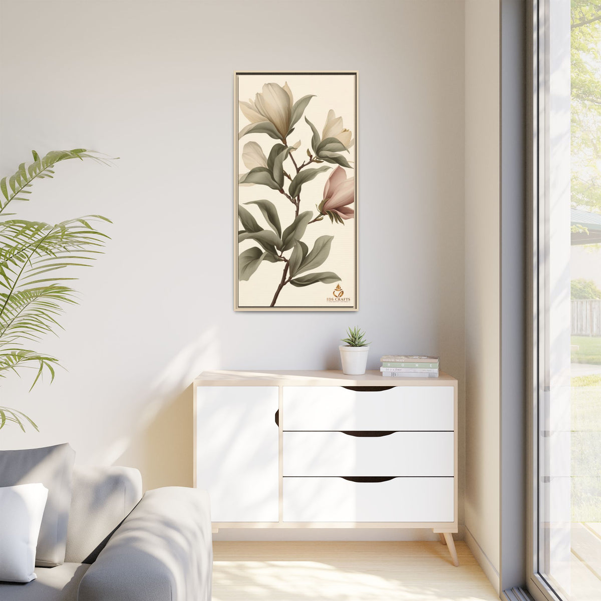 Framed Canvas Wall Art – Elegant Neutral Magnolia Botanical Print