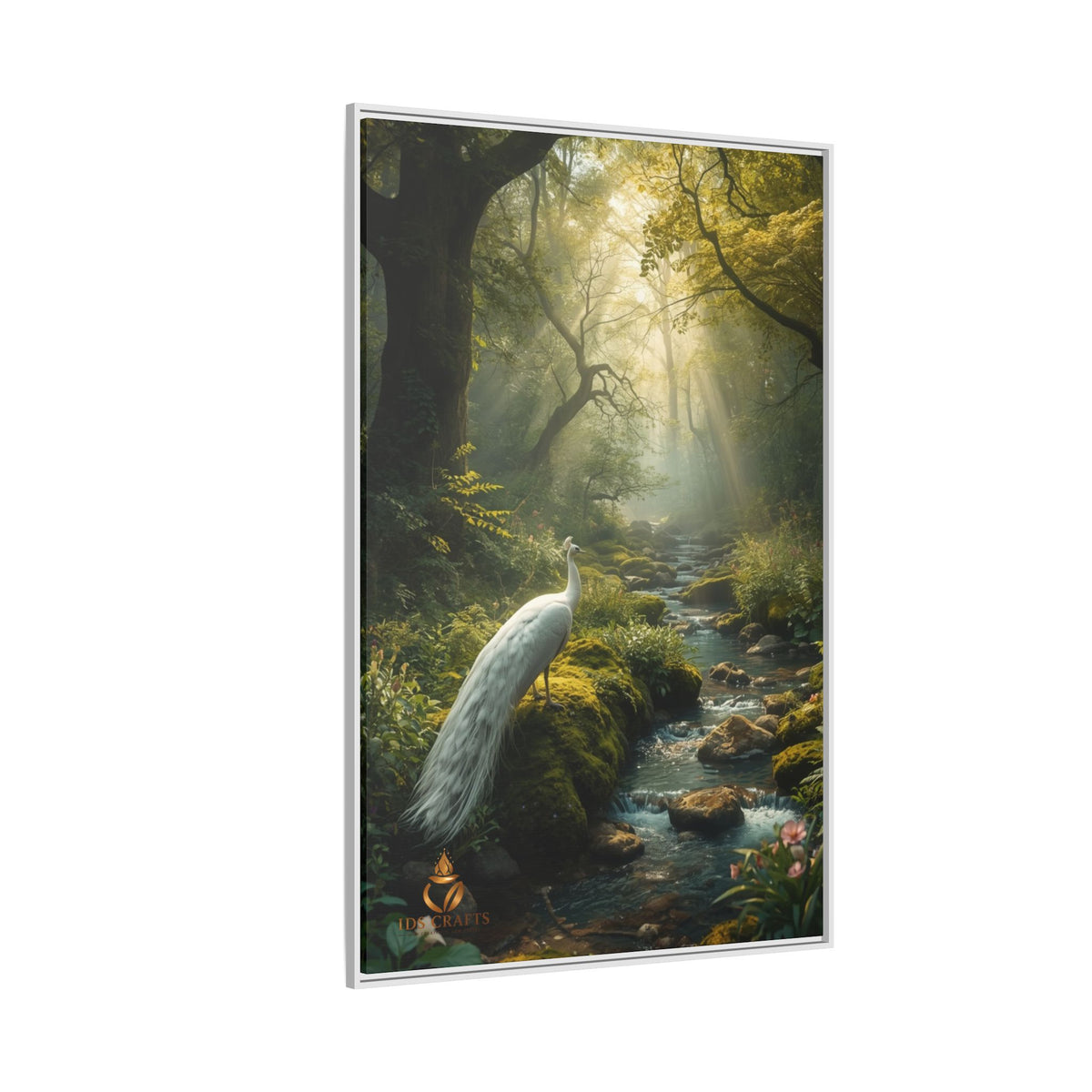 Framed Canvas Wall Art – White Heron in Enchanted Forest Stream