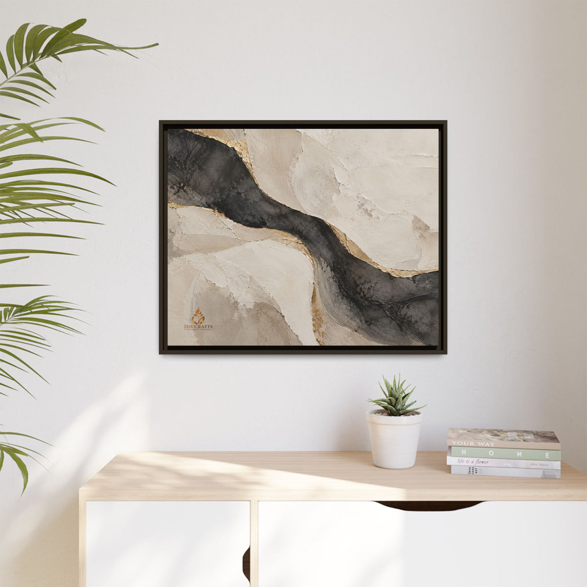 Framed Canvas Wall Art – Neutral Black, Beige & Gold Abstract