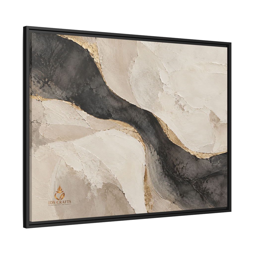 Framed Canvas Wall Art – Neutral Black, Beige & Gold Abstract