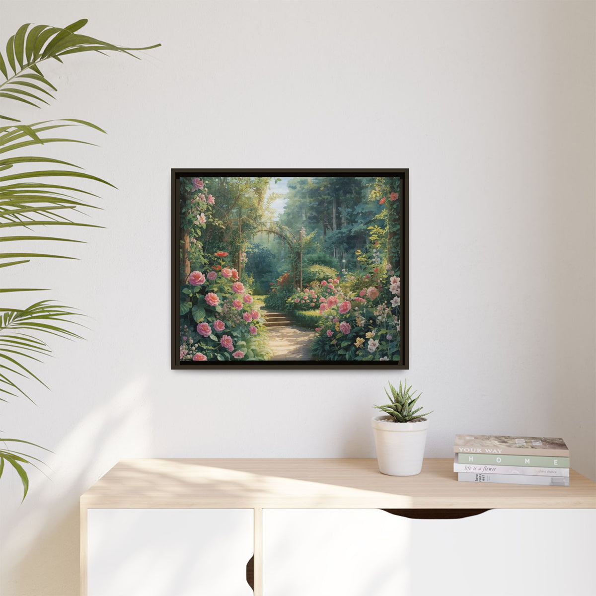 Framed Canvas Wall Art – Enchanting Cottage Garden Path with Pink Roses