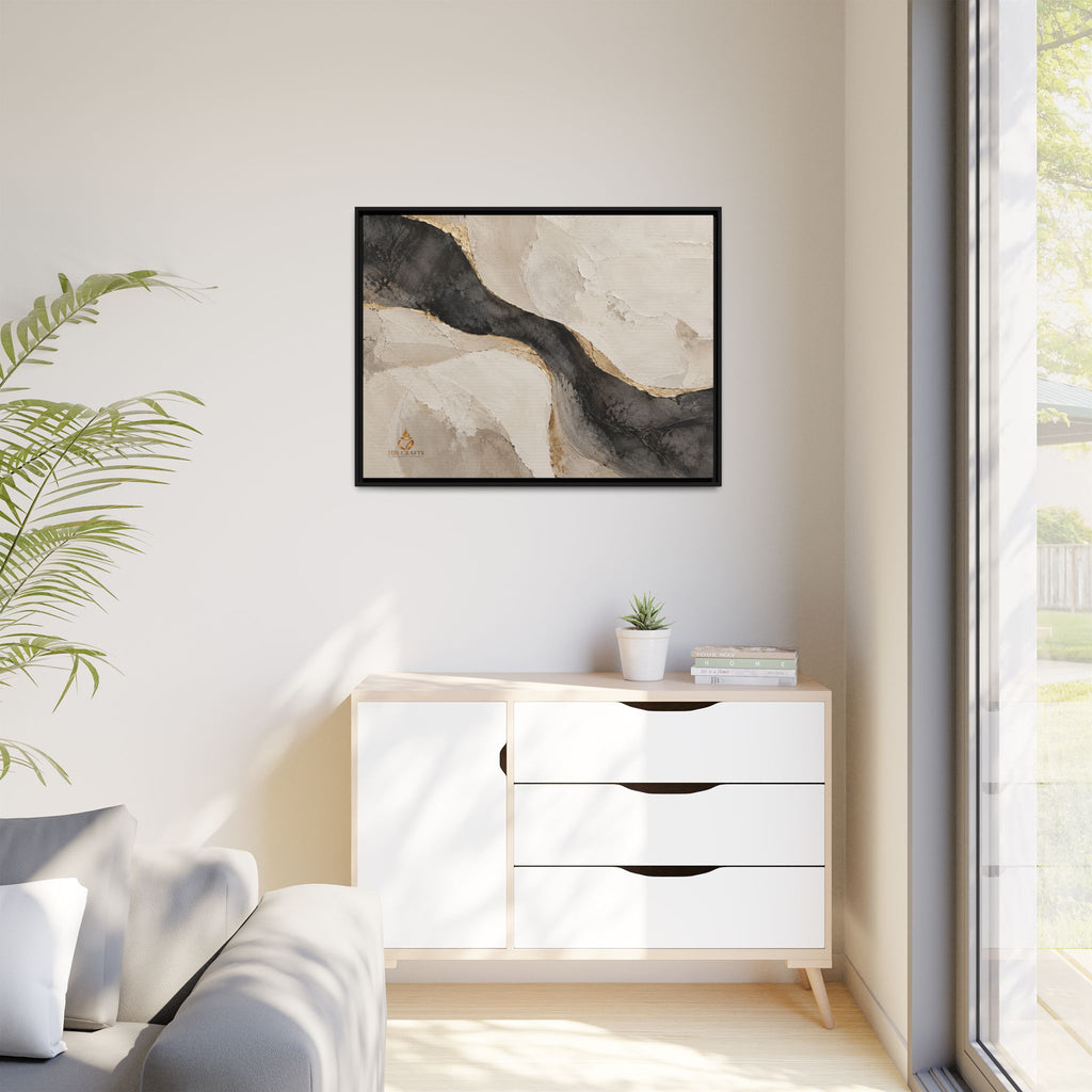Framed Canvas Wall Art – Neutral Black, Beige & Gold Abstract