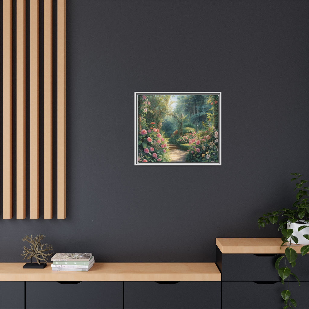 Framed Canvas Wall Art – Enchanting Cottage Garden Path with Pink Roses