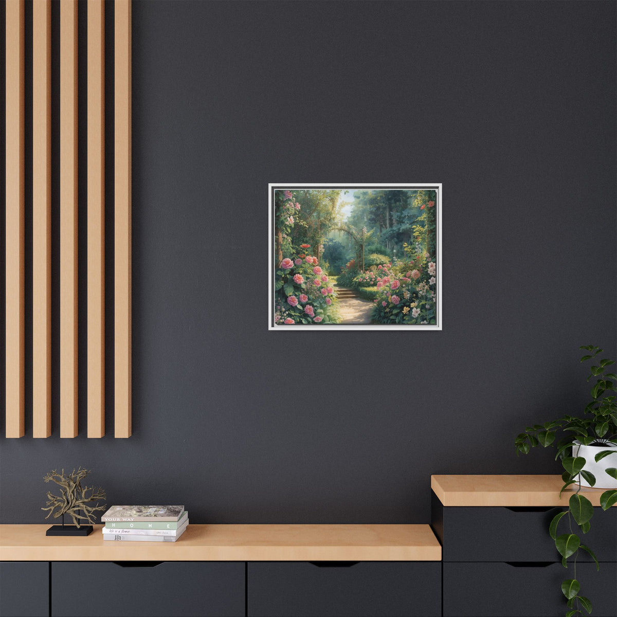 Framed Canvas Wall Art – Enchanting Cottage Garden Path with Pink Roses