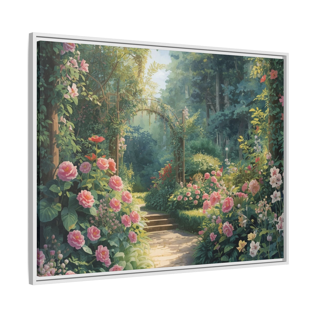 Framed Canvas Wall Art – Enchanting Cottage Garden Path with Pink Roses