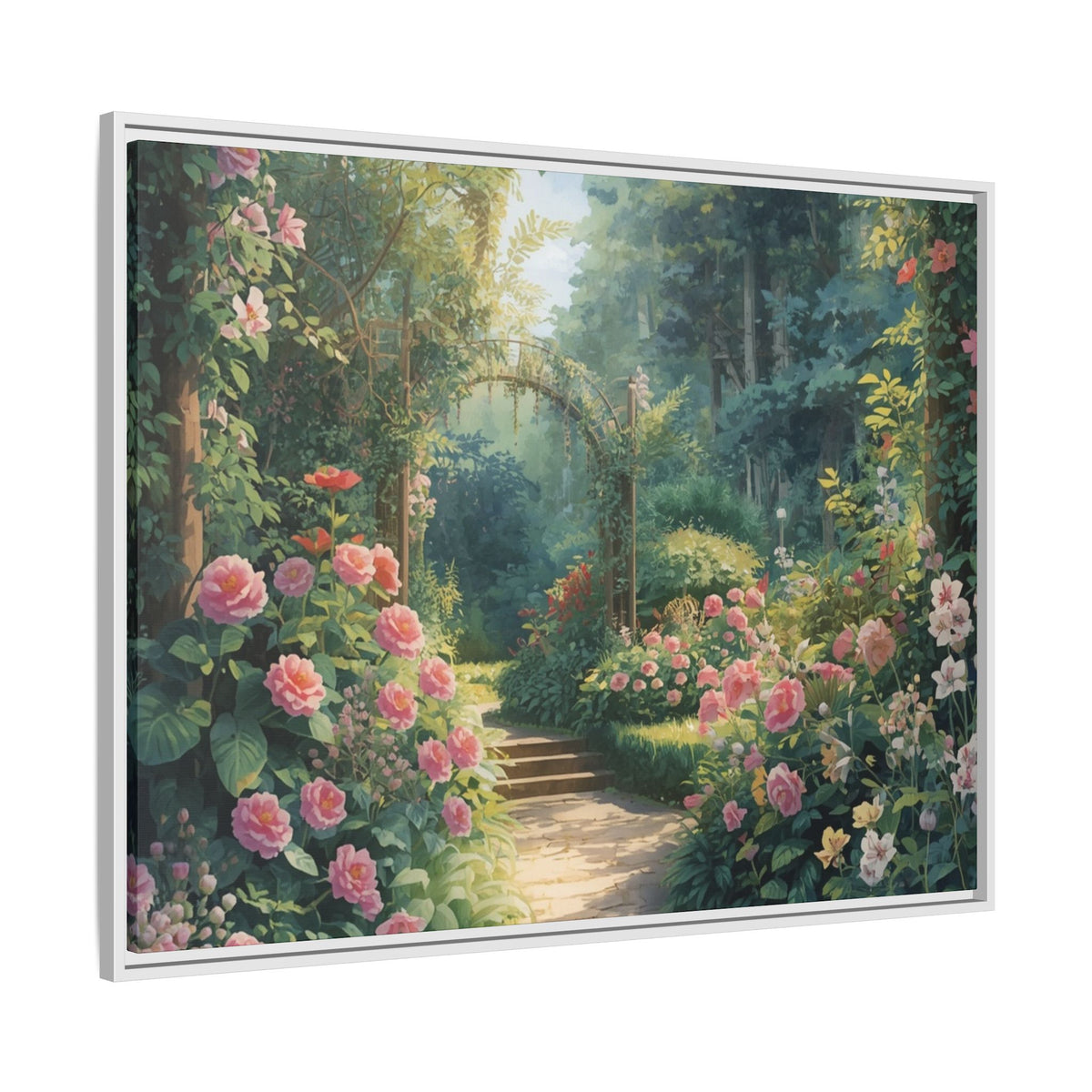 Framed Canvas Wall Art – Enchanting Cottage Garden Path with Pink Roses