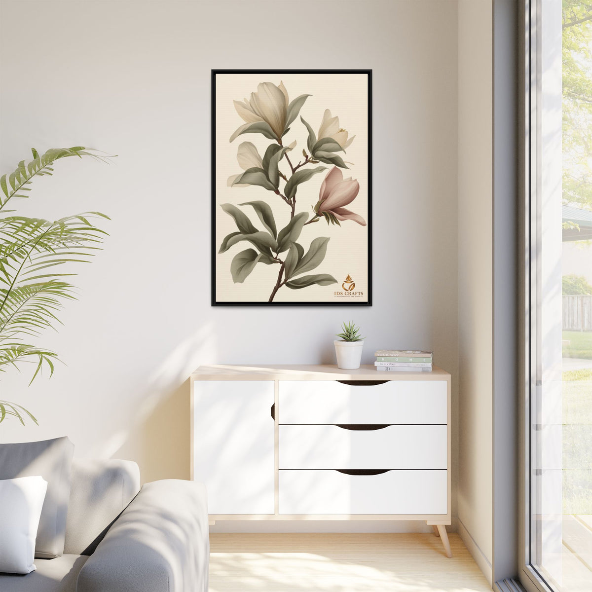 Framed Canvas Wall Art – Elegant Neutral Magnolia Botanical Print