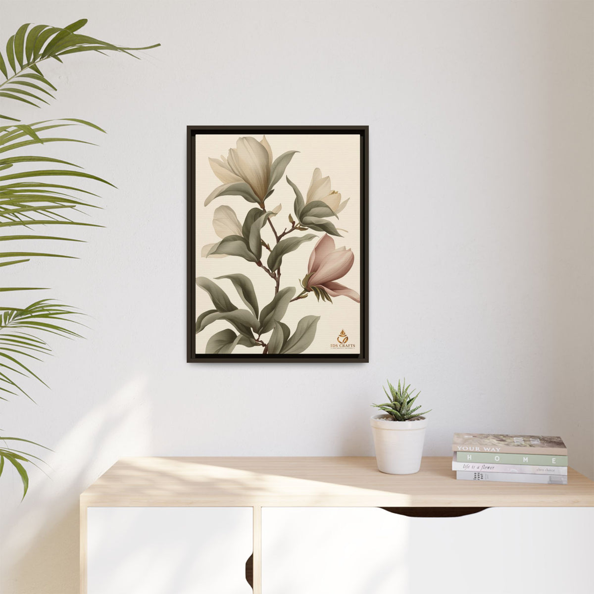 Framed Canvas Wall Art – Elegant Neutral Magnolia Botanical Print