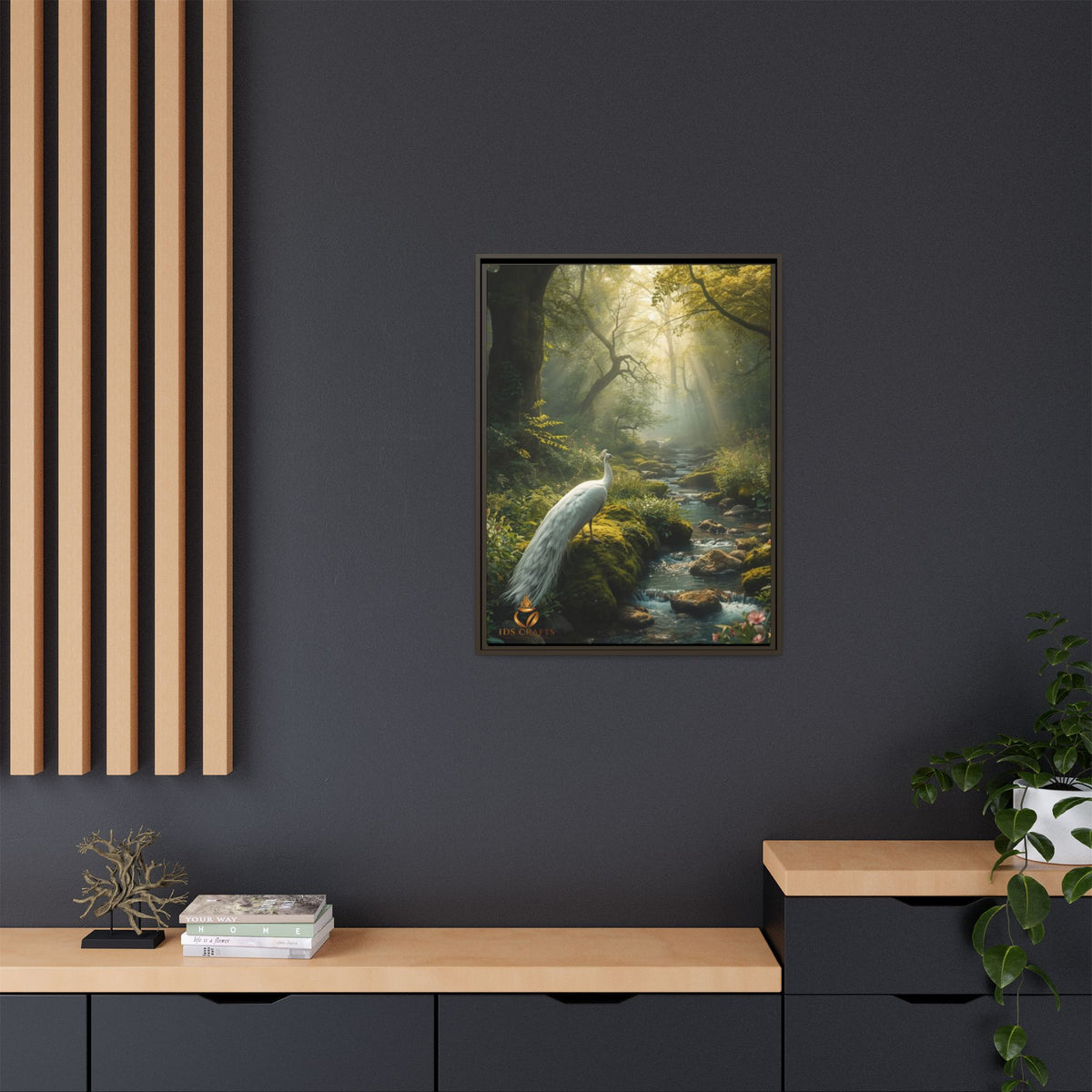 Framed Canvas Wall Art – White Heron in Enchanted Forest Stream