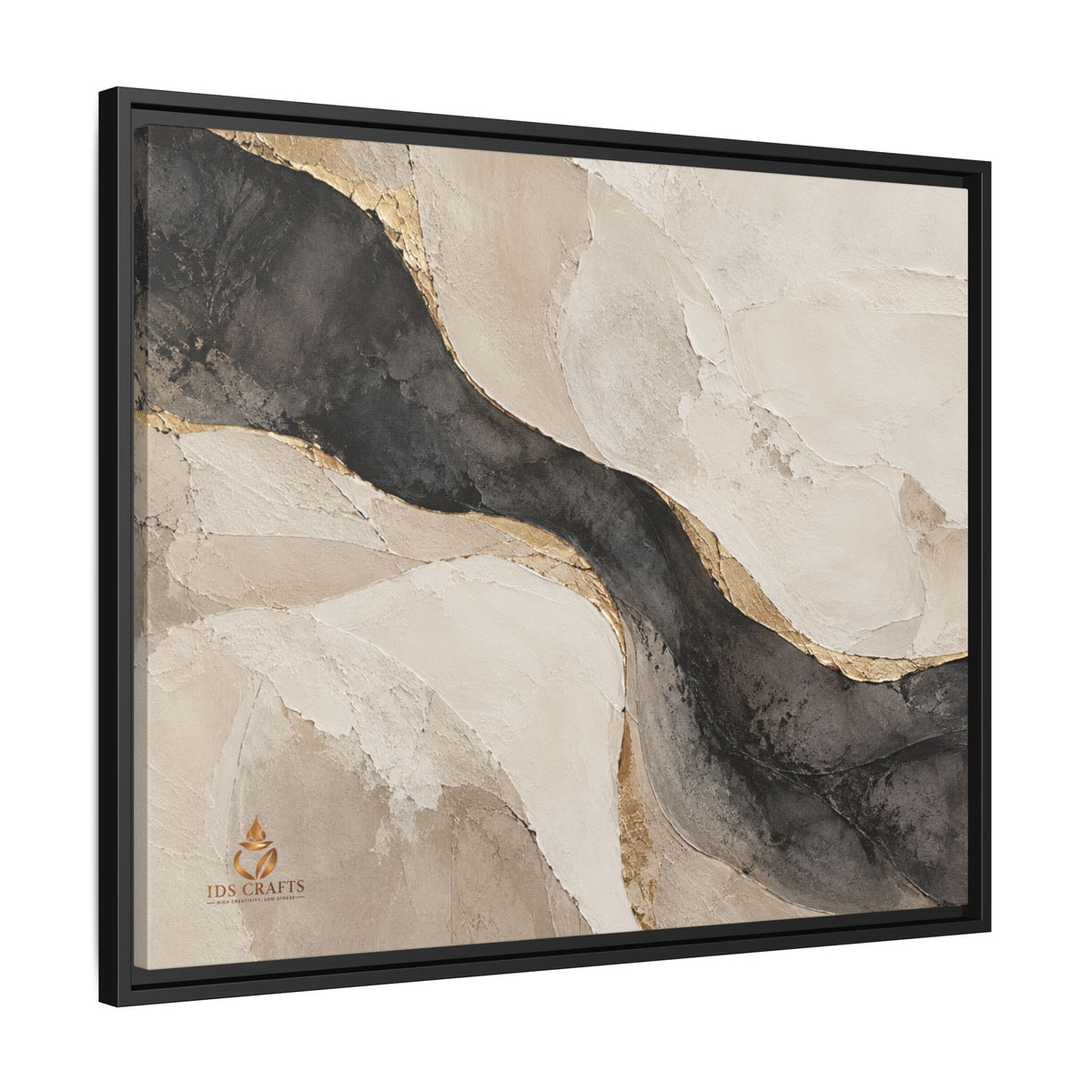 Framed Canvas Wall Art – Neutral Black, Beige & Gold Abstract