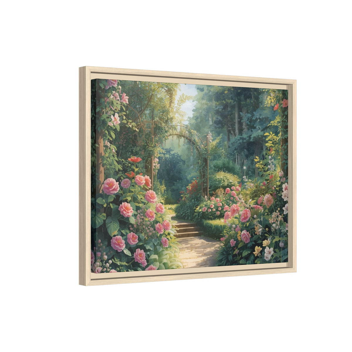 Framed Canvas Wall Art – Enchanting Cottage Garden Path with Pink Roses