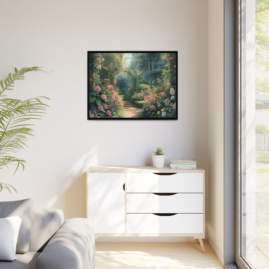 Framed Canvas Wall Art – Enchanting Cottage Garden Path with Pink Roses
