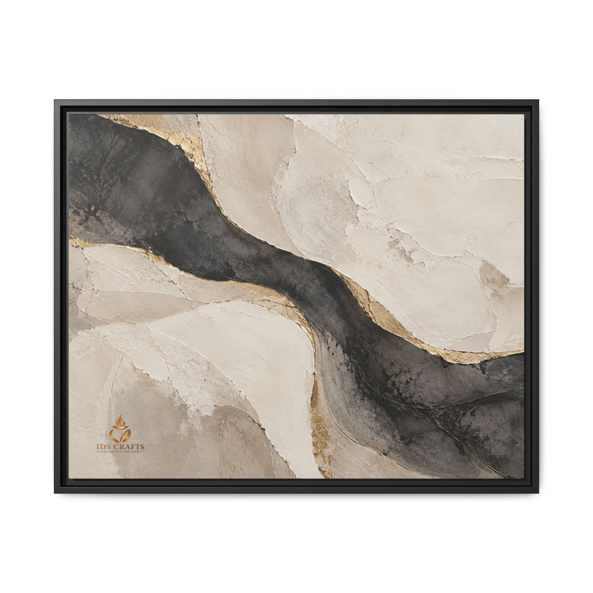 Framed Canvas Wall Art – Neutral Black, Beige & Gold Abstract