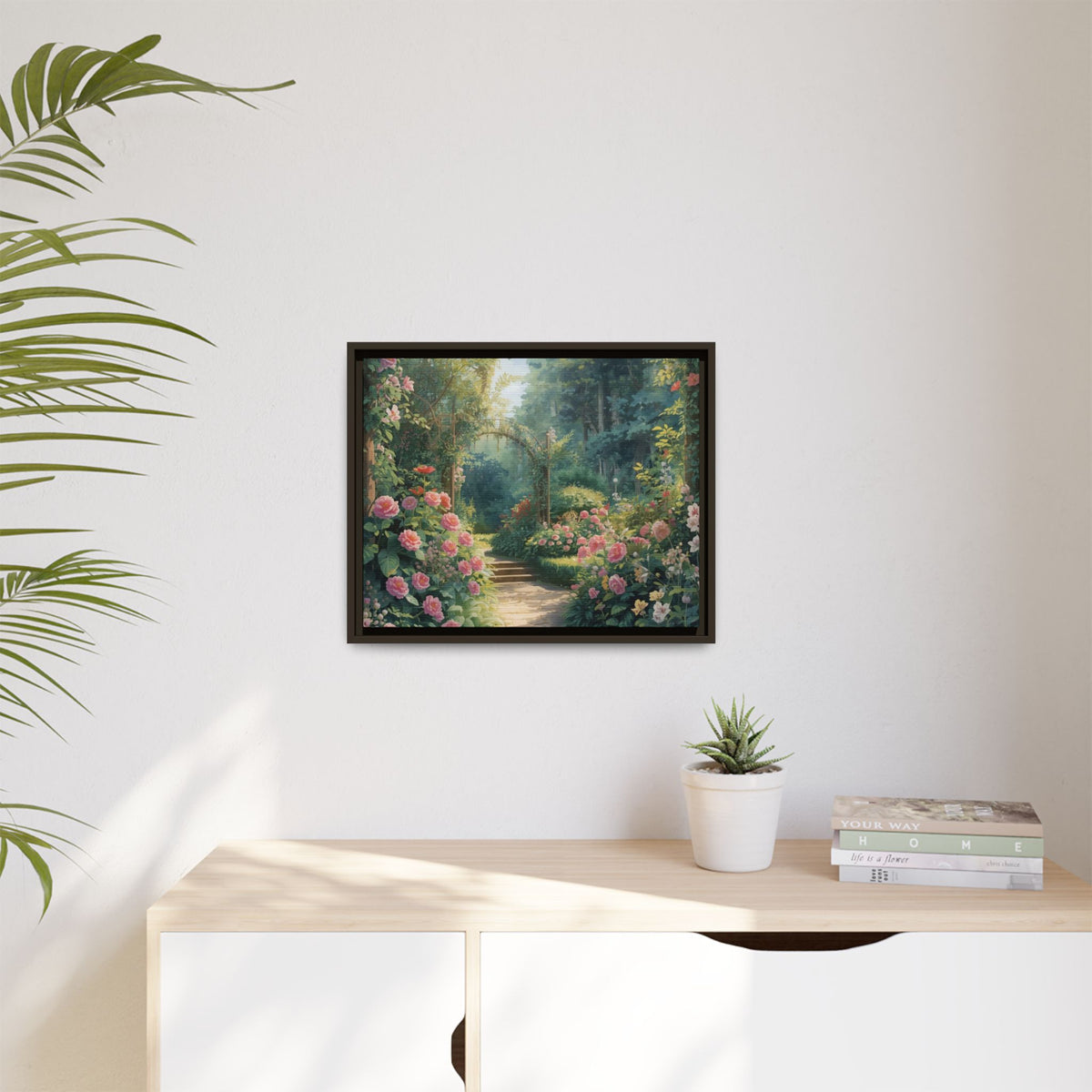 Framed Canvas Wall Art – Enchanting Cottage Garden Path with Pink Roses