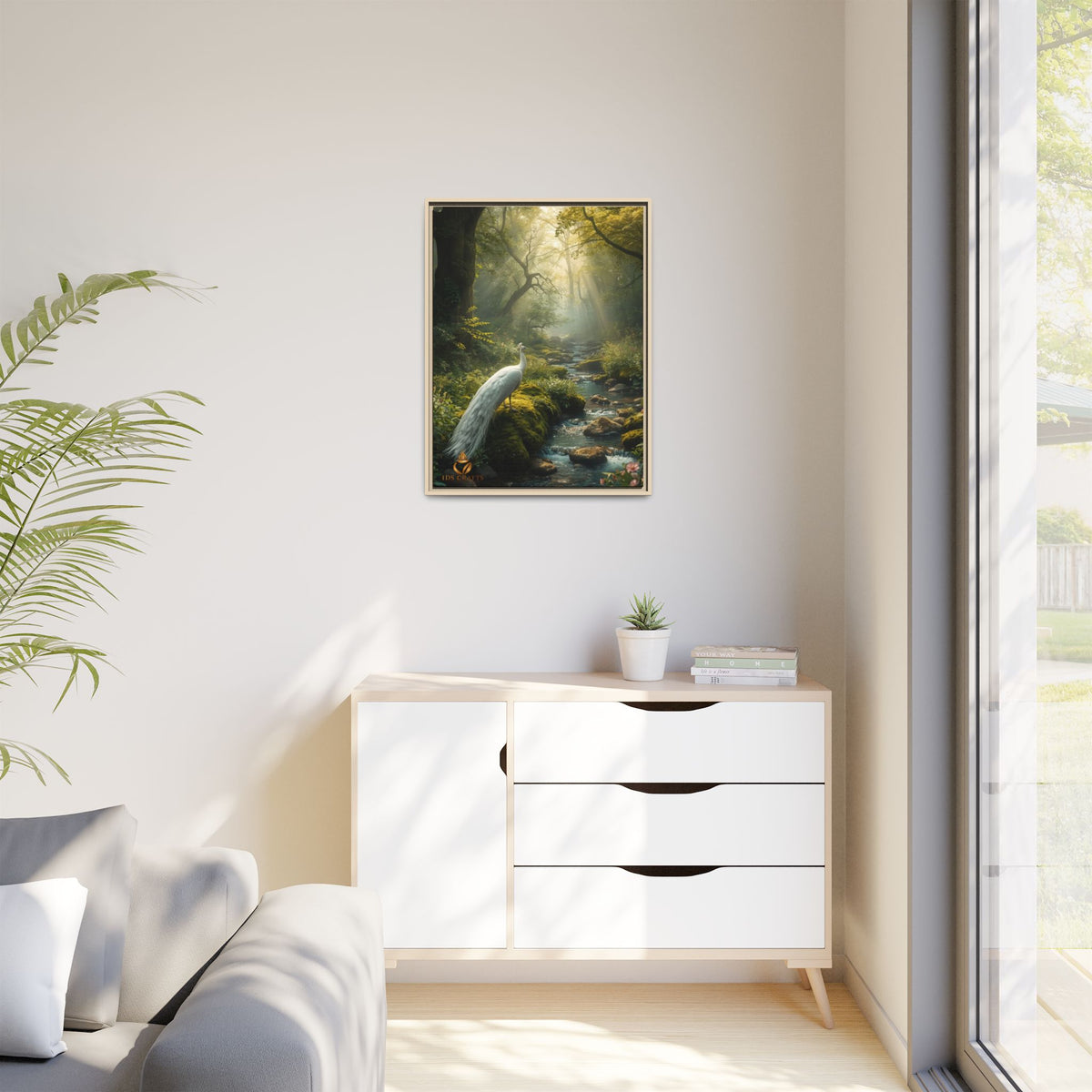 Framed Canvas Wall Art – White Heron in Enchanted Forest Stream