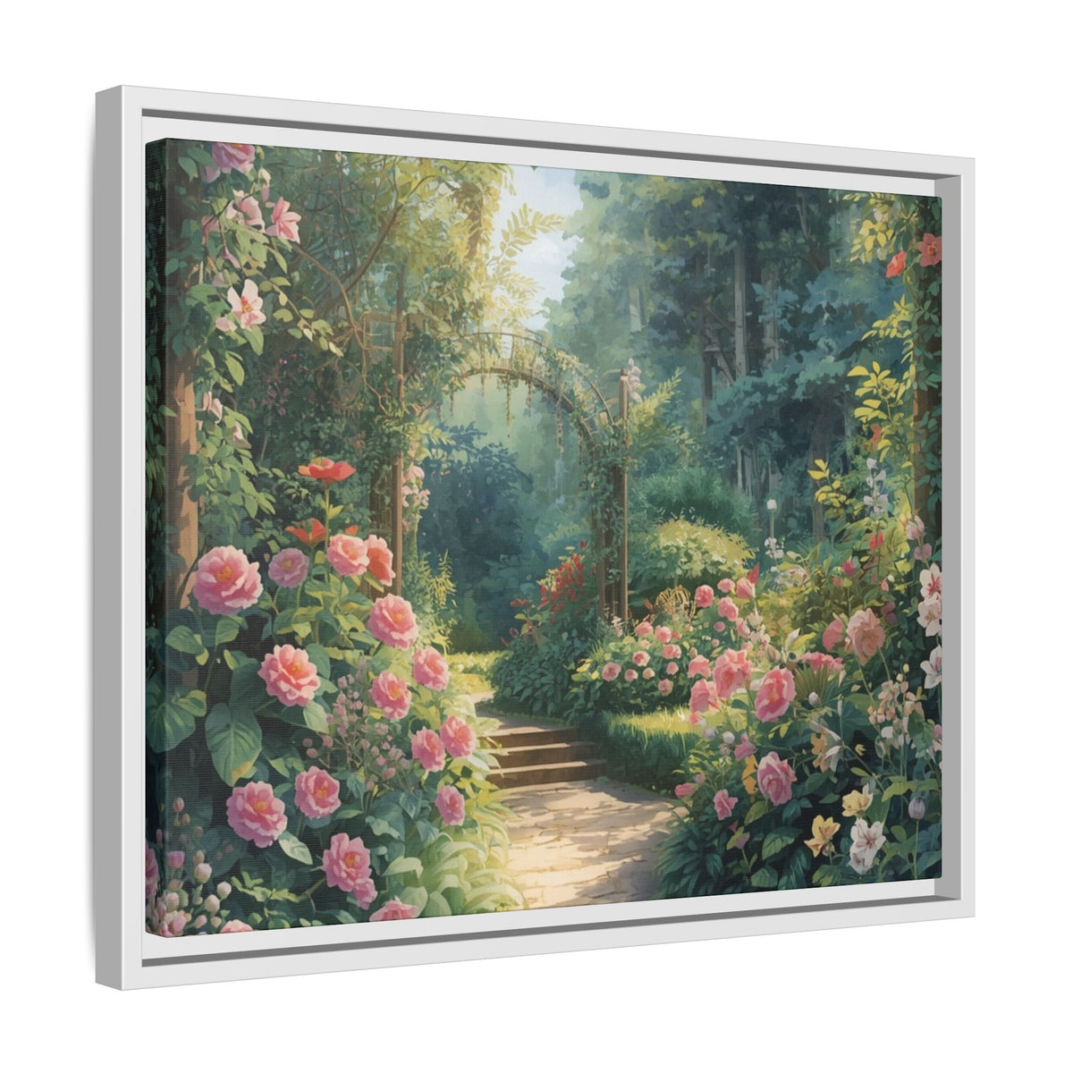Framed Canvas Wall Art – Enchanting Cottage Garden Path with Pink Roses