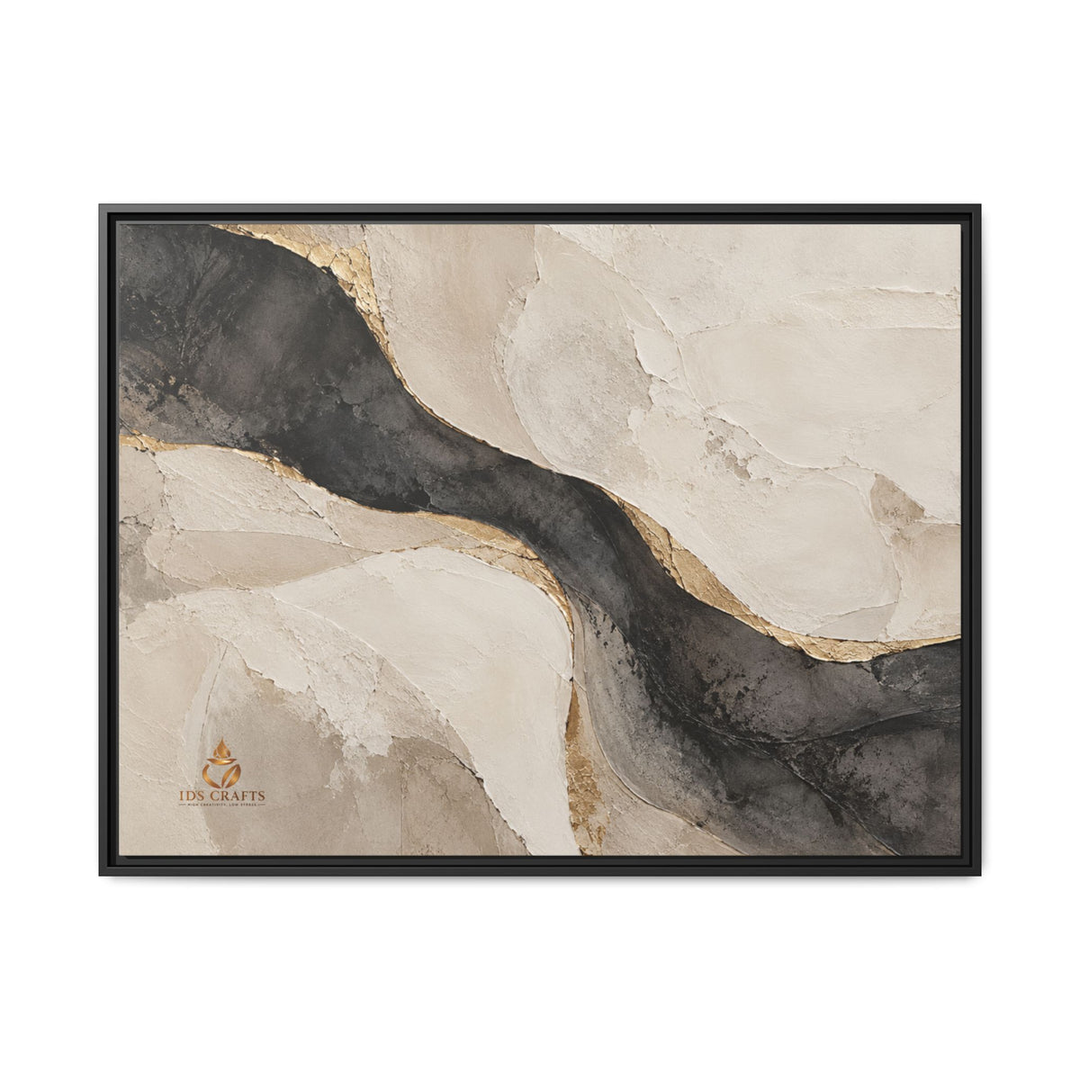 Framed Canvas Wall Art – Neutral Black, Beige & Gold Abstract