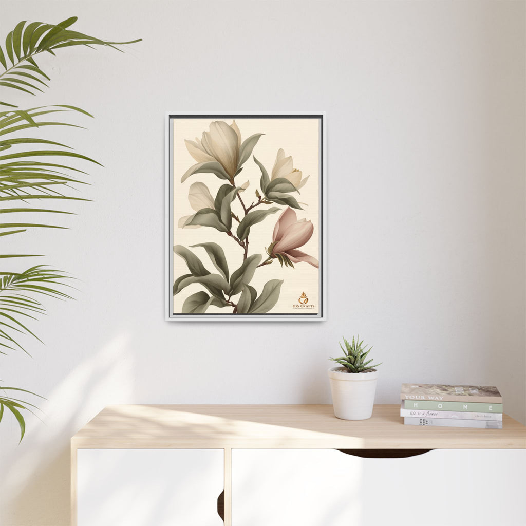 Framed Canvas Wall Art – Elegant Neutral Magnolia Botanical Print