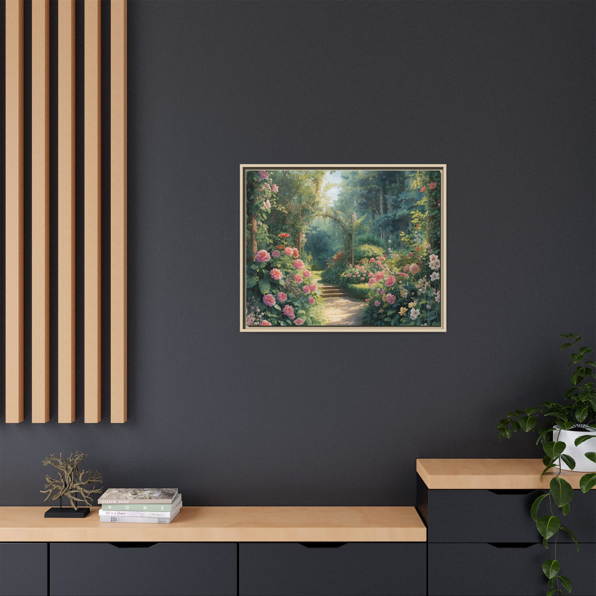 Framed Canvas Wall Art – Enchanting Cottage Garden Path with Pink Roses
