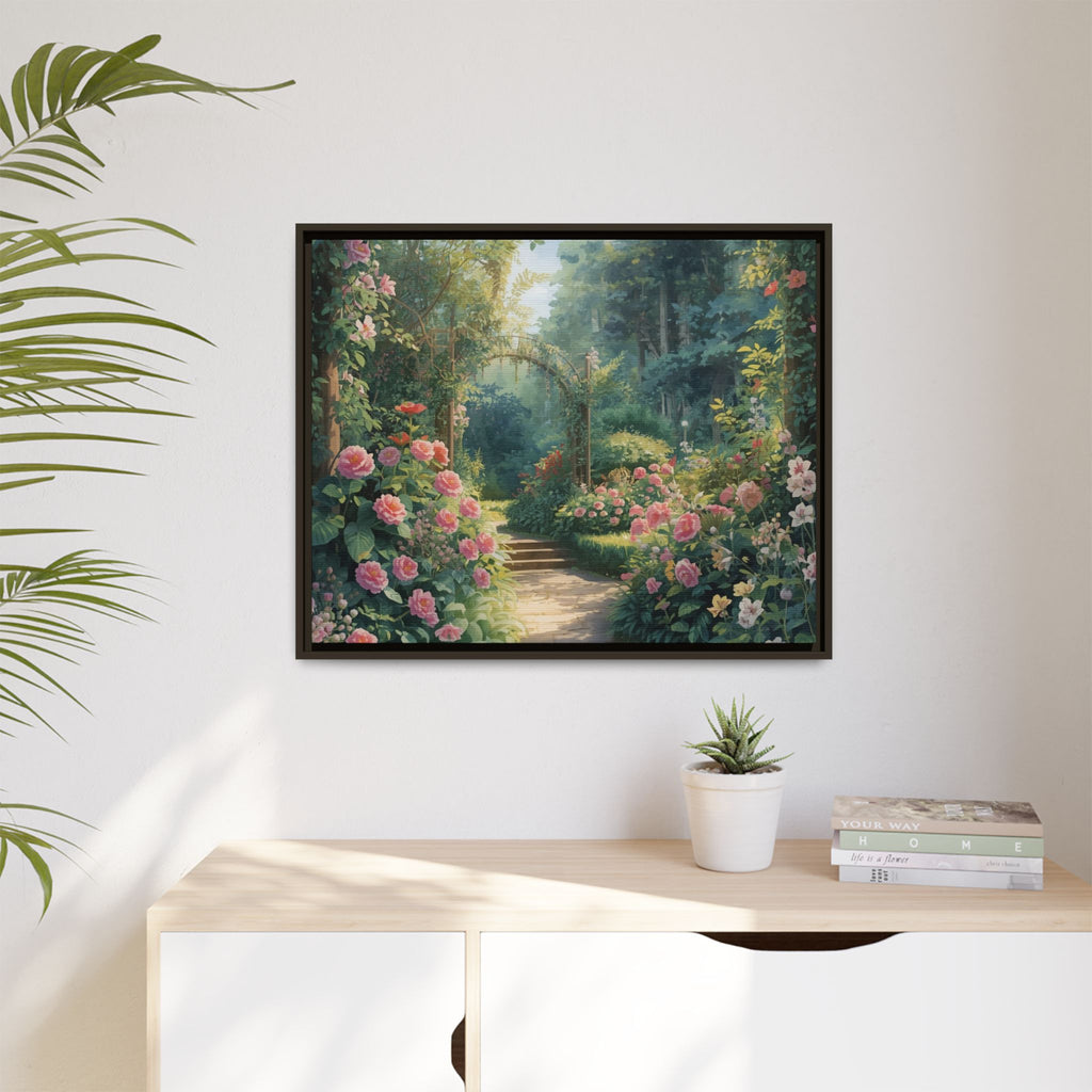 Framed Canvas Wall Art – Enchanting Cottage Garden Path with Pink Roses