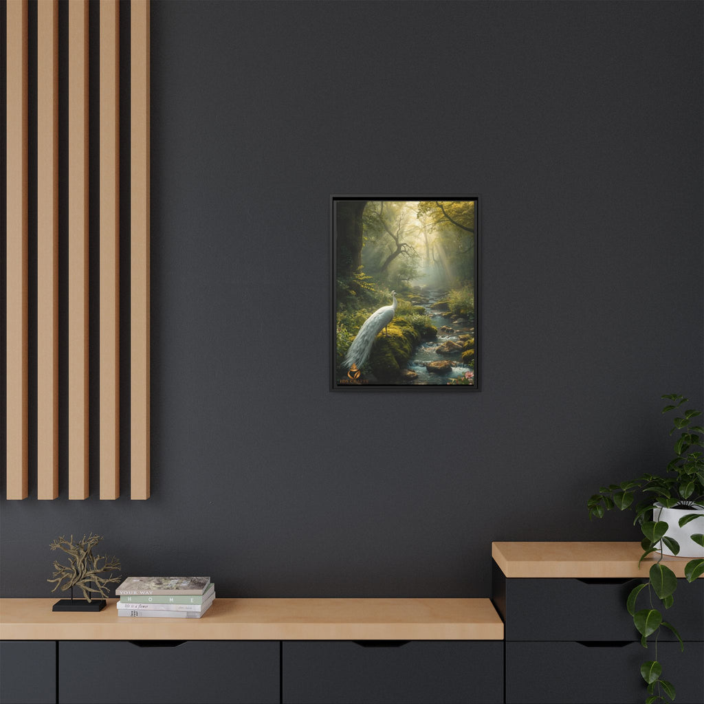 Framed Canvas Wall Art – White Heron in Enchanted Forest Stream