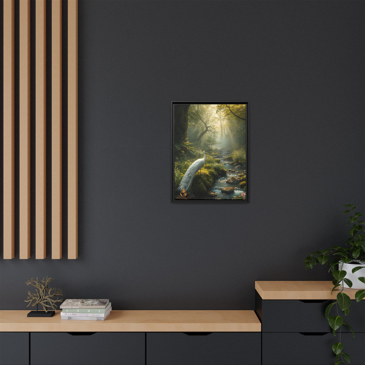 Framed Canvas Wall Art – White Heron in Enchanted Forest Stream