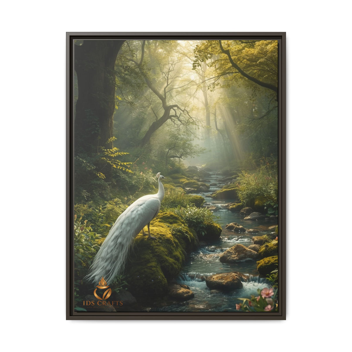 Framed Canvas Wall Art – White Heron in Enchanted Forest Stream