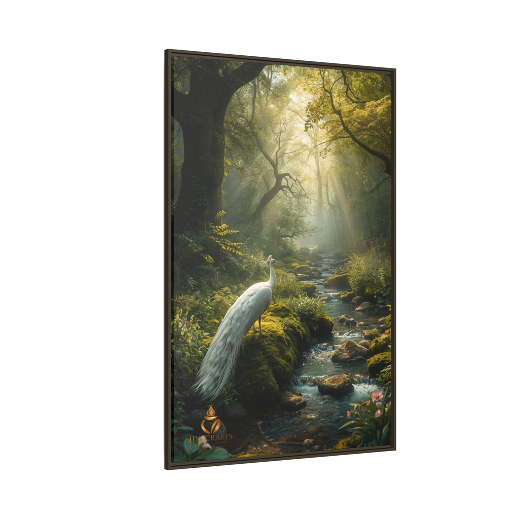 Framed Canvas Wall Art – White Heron in Enchanted Forest Stream