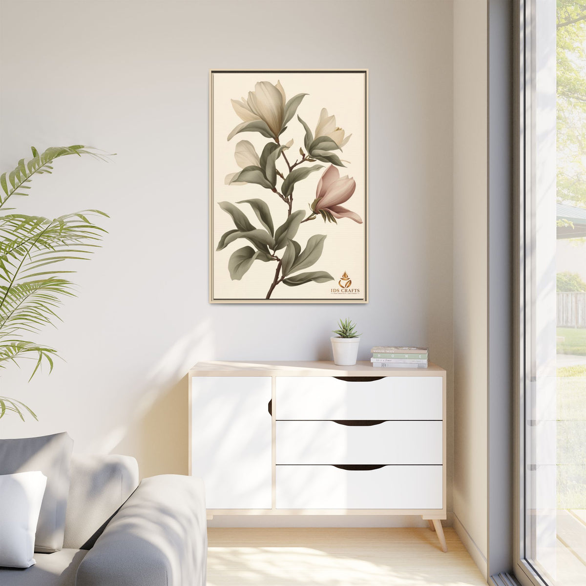 Framed Canvas Wall Art – Elegant Neutral Magnolia Botanical Print