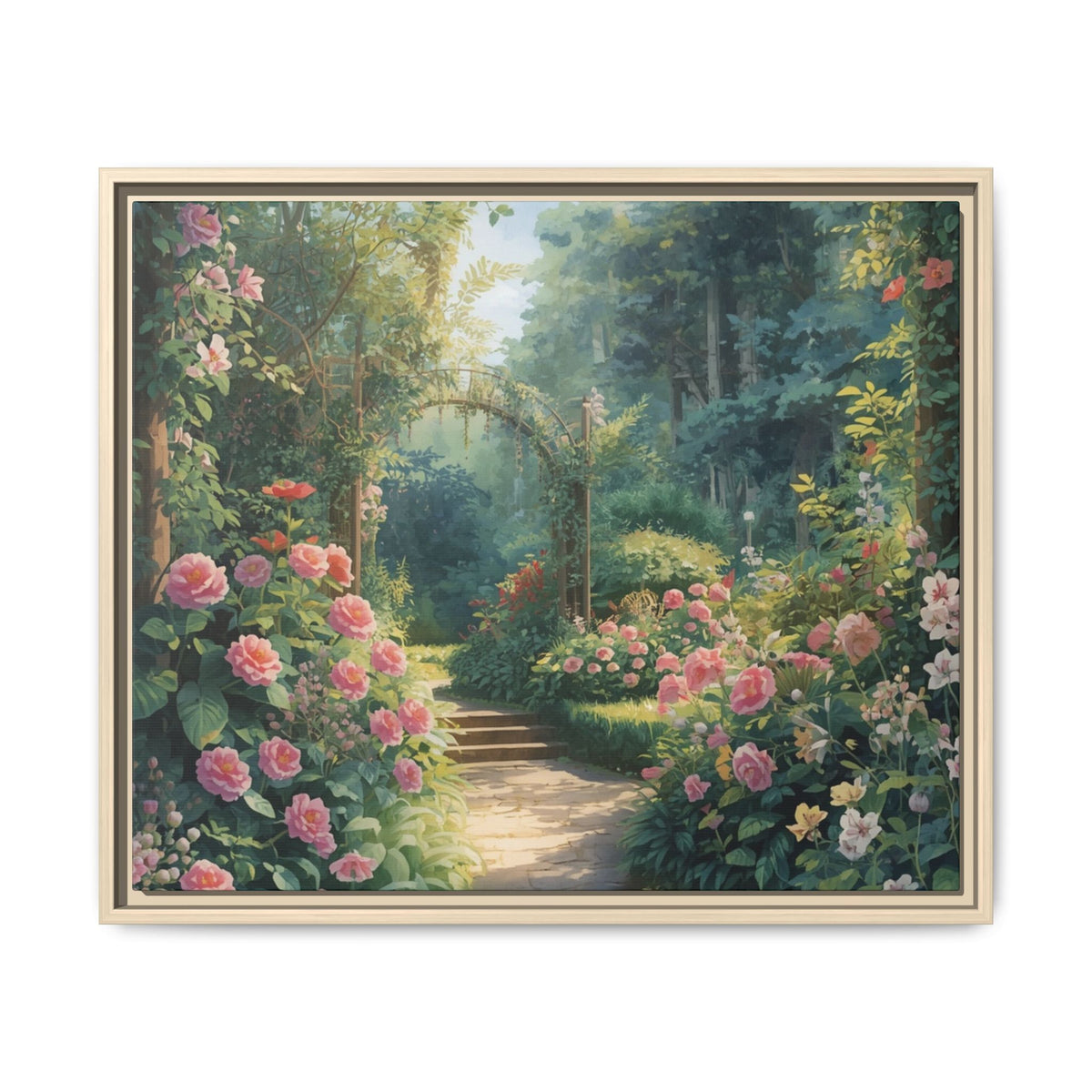 Framed Canvas Wall Art – Enchanting Cottage Garden Path with Pink Roses