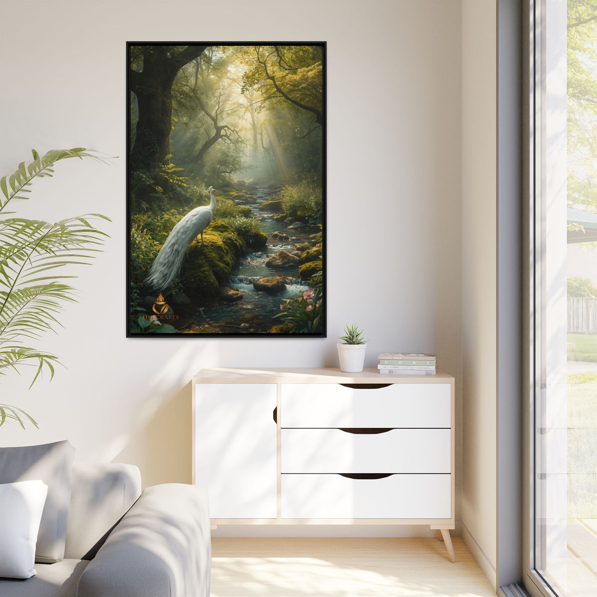Framed Canvas Wall Art – White Heron in Enchanted Forest Stream