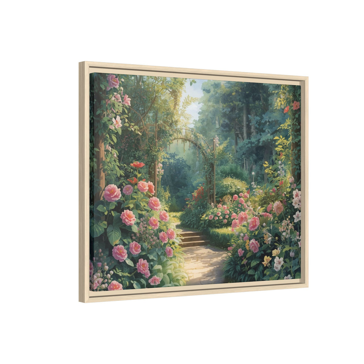 Framed Canvas Wall Art – Enchanting Cottage Garden Path with Pink Roses
