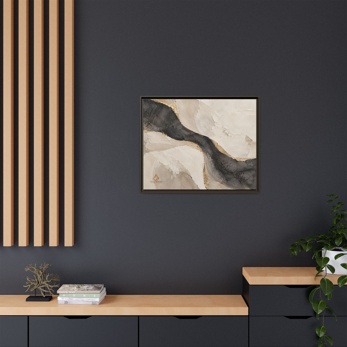 Framed Canvas Wall Art – Neutral Black, Beige & Gold Abstract