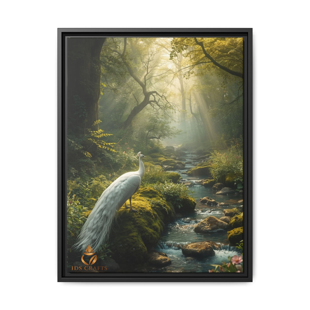 Framed Canvas Wall Art – White Heron in Enchanted Forest Stream